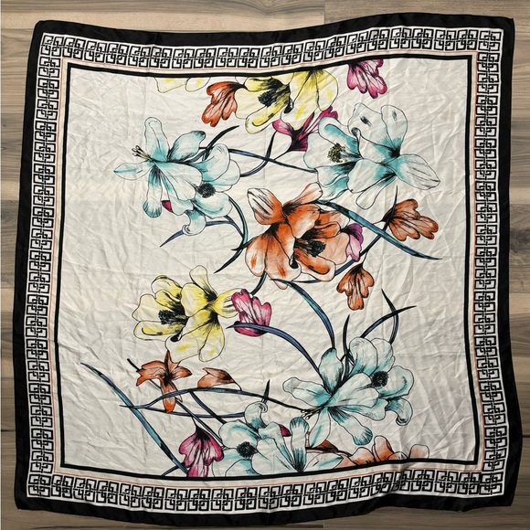 Chico's Square Scarf Floral Orange Pink Yellow Teal White Black Border - Picture 1 of 4